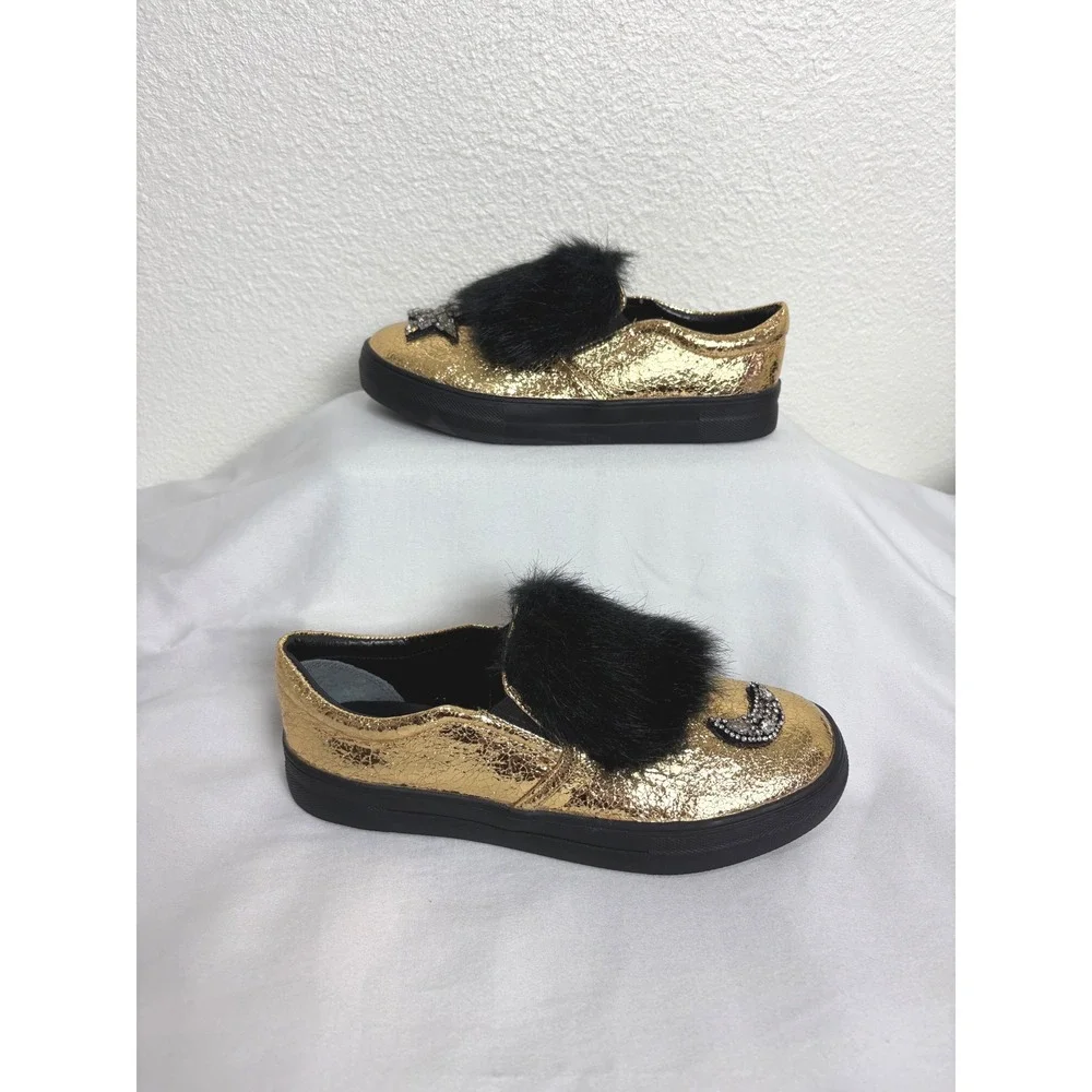 NEW Shiny Gold Celestial Sun & Moon‎ Furry Slip On Shoes Girls Size 5 Statement